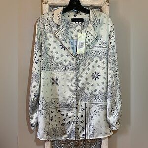 Criminal Damage London Oversized Bandana Print Satin Button Down Top